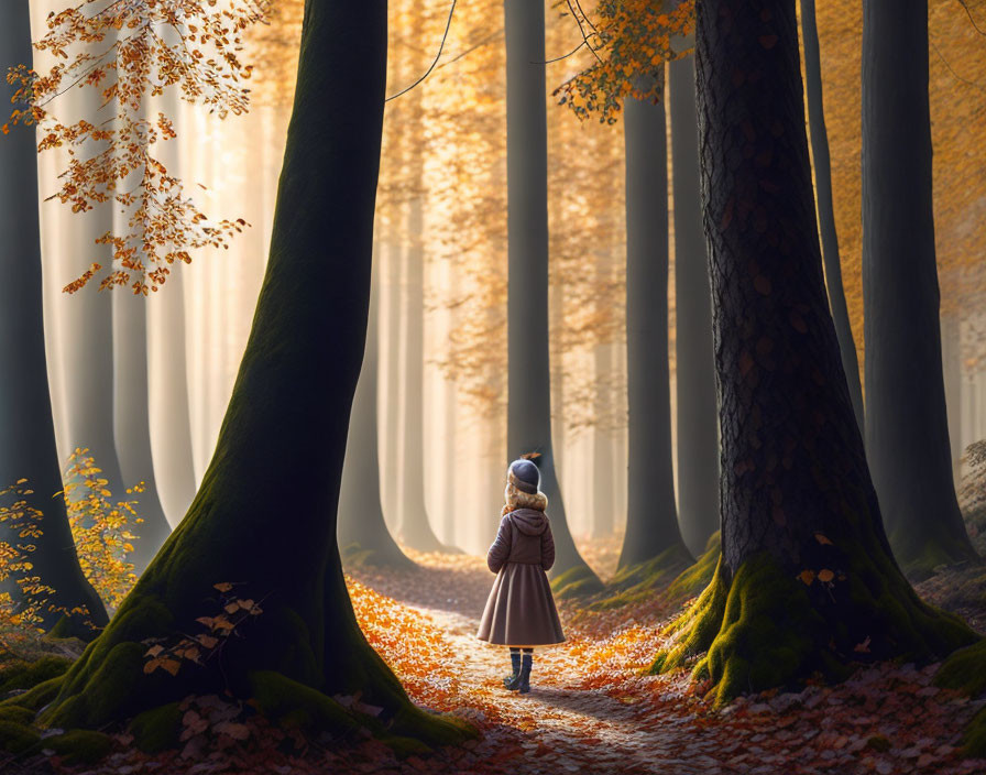 Person standing in sunlit autumn forest with fallen leaves