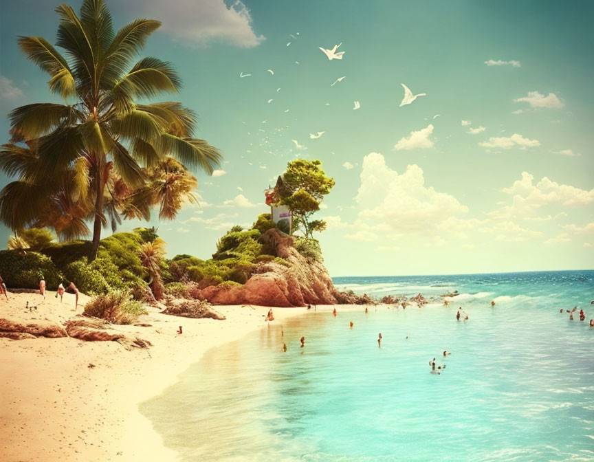 Tropical beach scene with palm trees, golden sand, swimmers, house on rock, birds