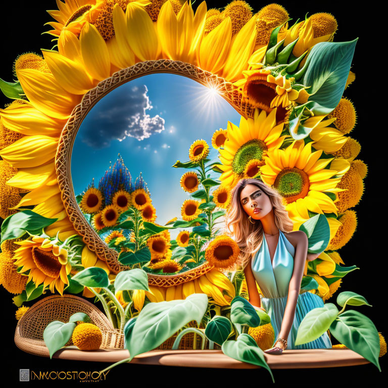 Digital art: Woman with sunflowers in circular frame on blue sky backdrop