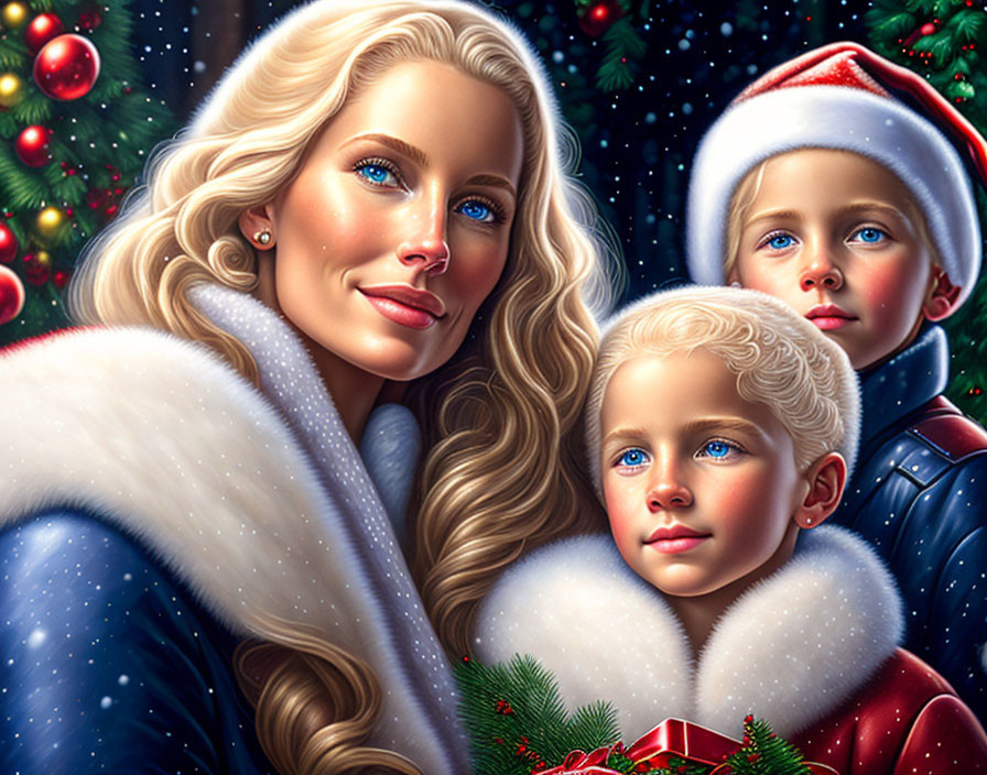 Winter-themed digital art with woman and children in Christmas setting.