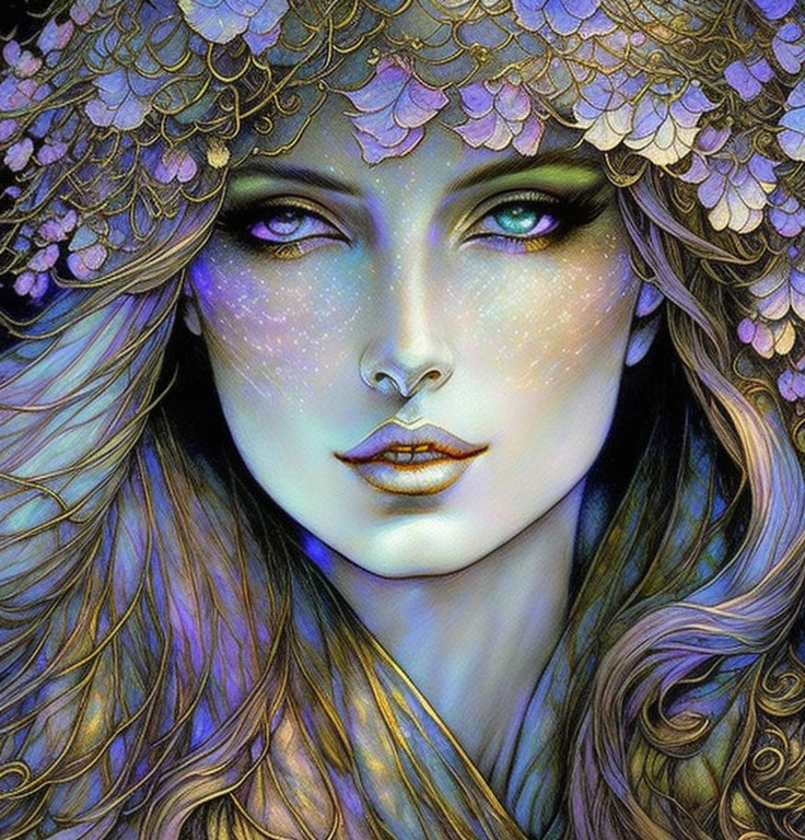 Woman with Flowery Headdress and Vibrant Blue Eyes on Purple Blue Background