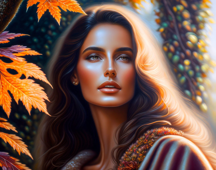 Digital portrait of a woman with flowing hair, radiant skin, captivating eyes, surrounded by autumn leaves and