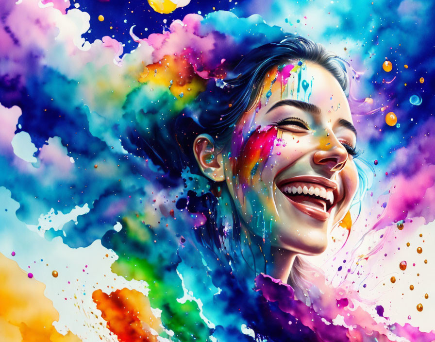 Colorful laughing woman digital artwork with paint splashes on abstract background