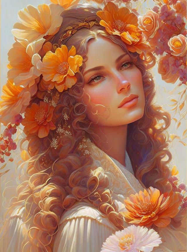 Woman with Long Curly Hair and Orange Flowers in Serene Pose Among Floral Motif