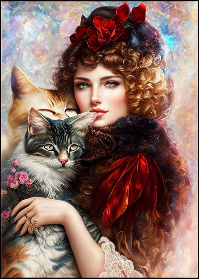 Curly-haired woman with red flower hugs tabby cat in colorful setting