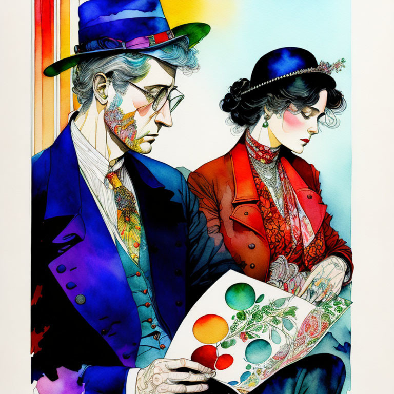 Vintage-inspired illustration: Elegant couple in blue and red attire admiring botanical book