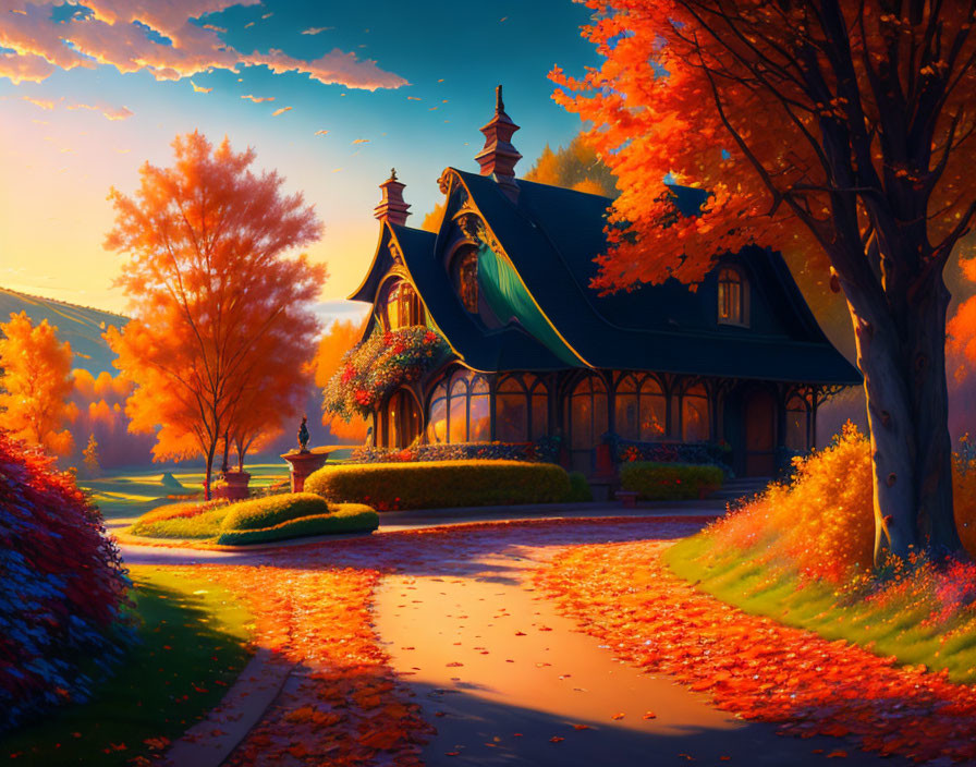 Picturesque autumn cottage surrounded by vibrant foliage and fallen leaves