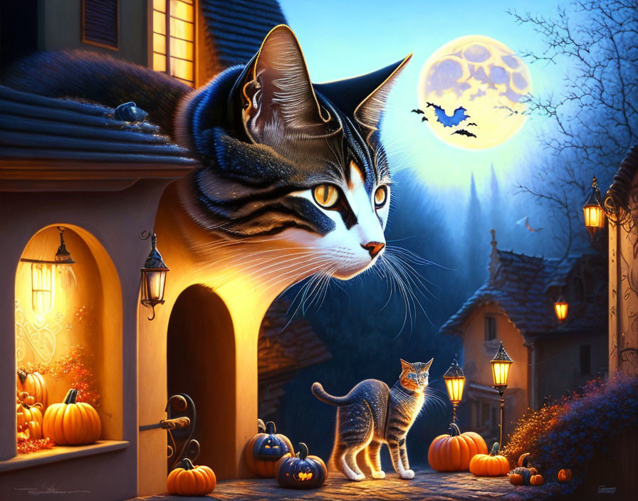 Giant cat overlooking village street with pumpkins under full moon