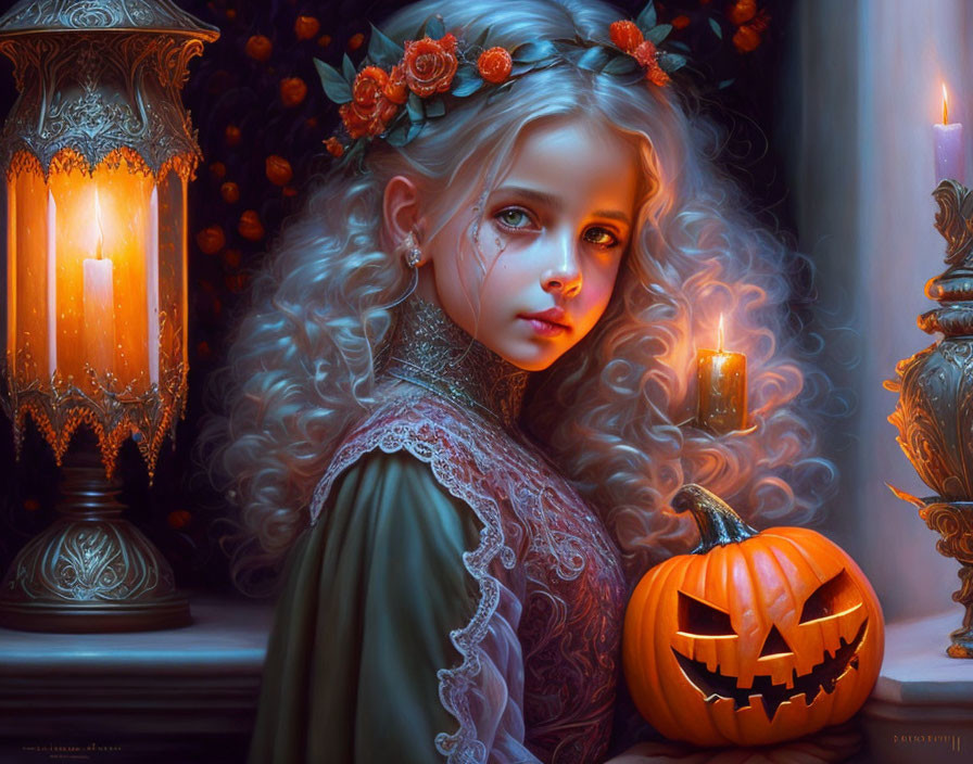 Digital art: Young girl with autumn hair, jack-o'-lantern, candles - Halloween ambiance.