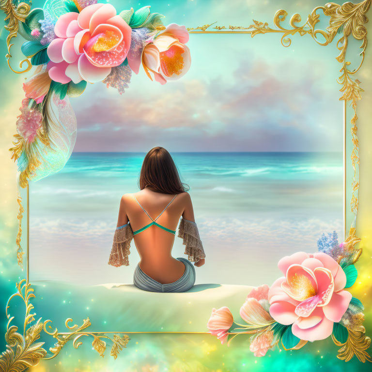 Woman in bikini on beach with ornate border and vibrant flowers.