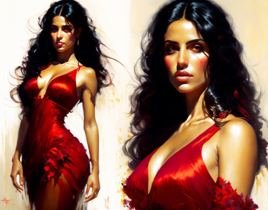 Digital artwork featuring woman in red dress with dark hair