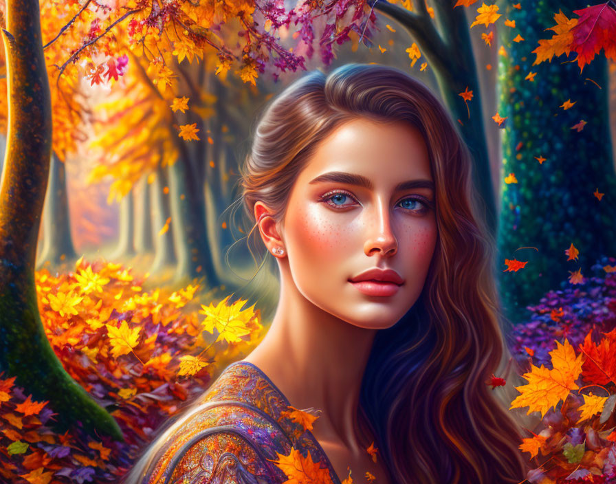 Digital artwork of woman with blue eyes and freckles in autumn setting