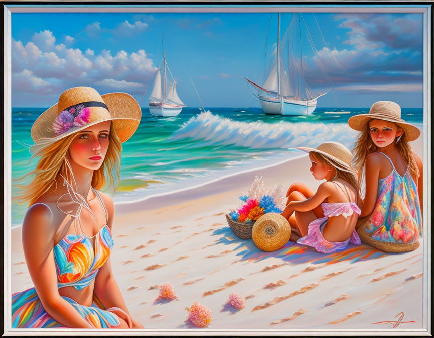 Stylized painting of woman and girls on sunny beach with sailboats, waves, starfish,