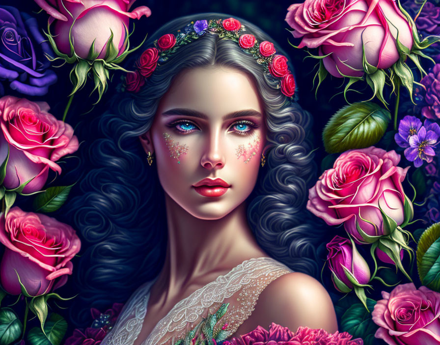 Detailed illustration: Woman with green eyes, surrounded by vibrant roses and petal & glitter accents