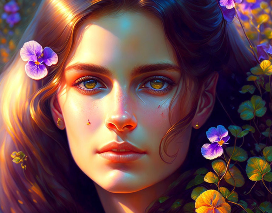 Detailed eyes woman in purple flower digital art