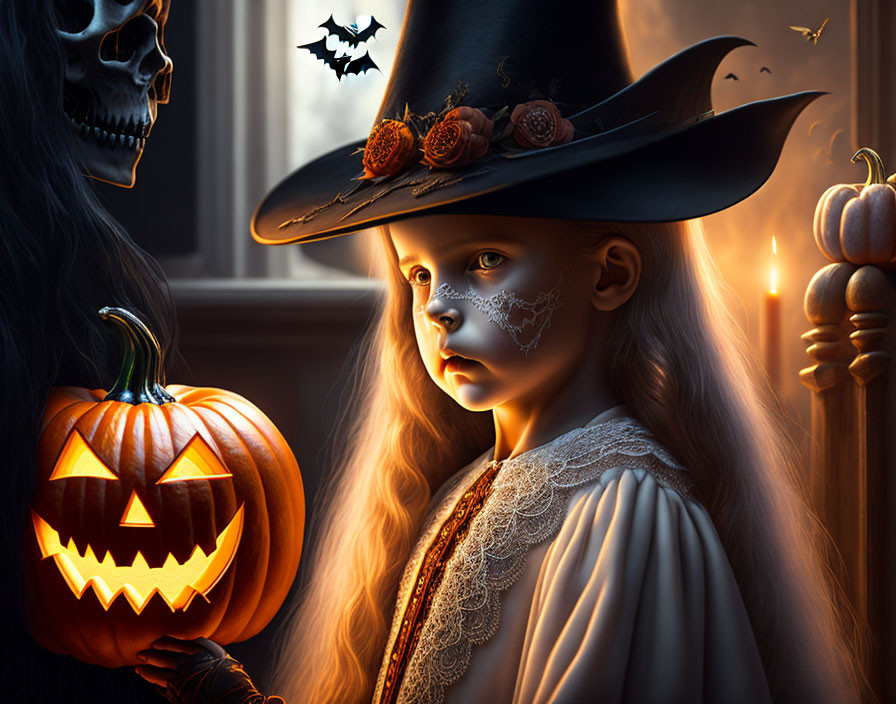 Child in witch costume with Halloween decor and skull in dimly lit scene