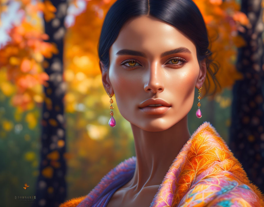 Portrait of woman with gold tear-drop earrings in vibrant orange coat against autumn backdrop