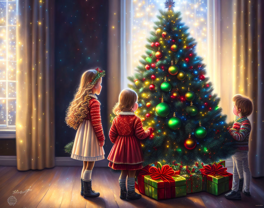 Children in winter clothing admire lit Christmas tree near window.