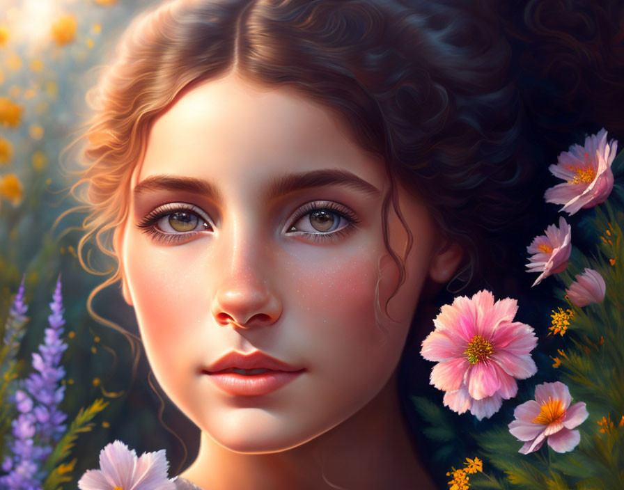 Detailed Digital Portrait of Young Woman with Wavy Hair and Colorful Flowers