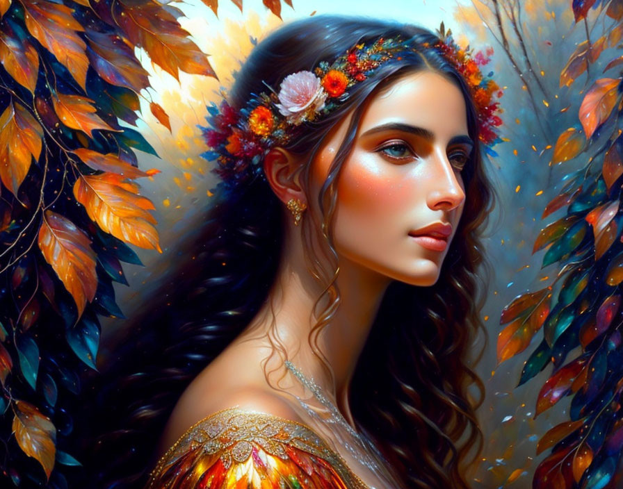 Woman with Flowing Hair and Floral Headpiece Among Autumn Leaves