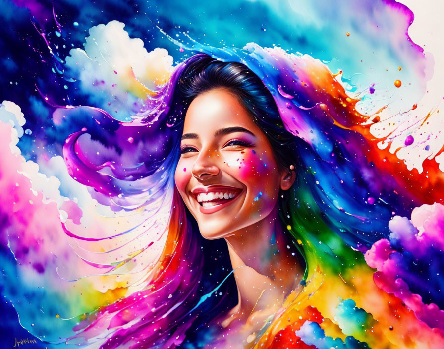 Colorful digital artwork: Smiling woman with paint-like hair in blue, purple, pink, and