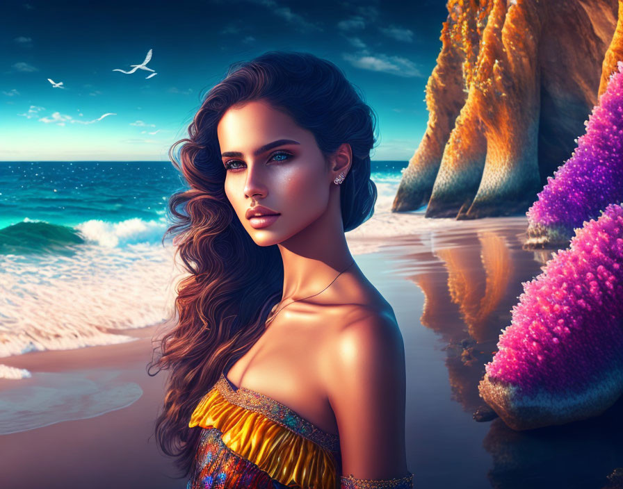 Digital artwork: Woman on beach with flowing hair, coral formations, sunset-lit ocean.