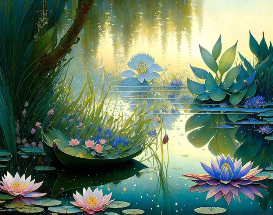 Tranquil pond with vibrant blue and pink water lilies amid lush greenery