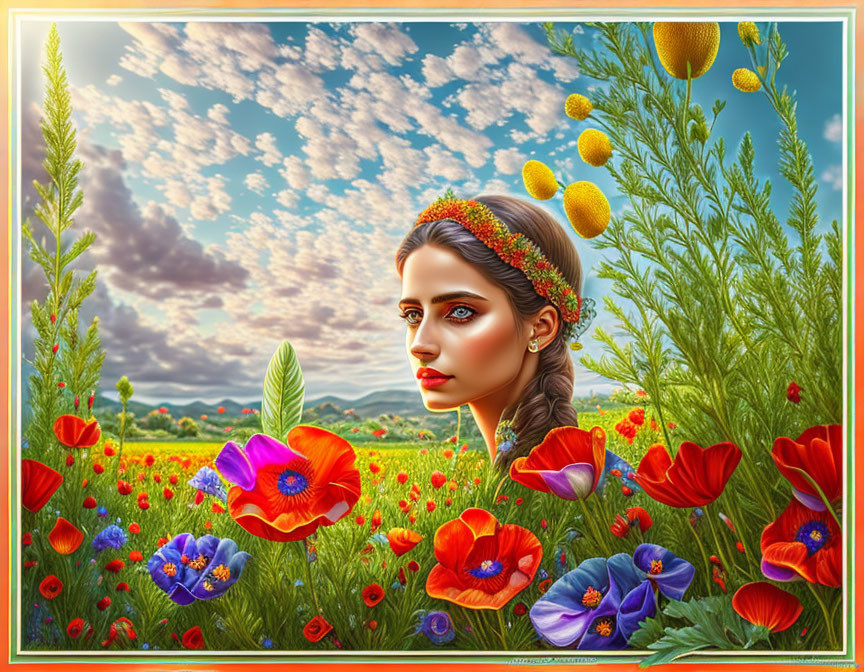 Contemplative woman's face in vibrant wildflower field under dramatic sky