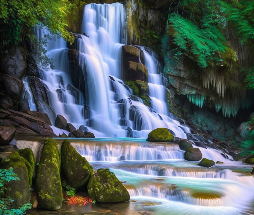 Scenic waterfall with moss-covered rocks and icicles