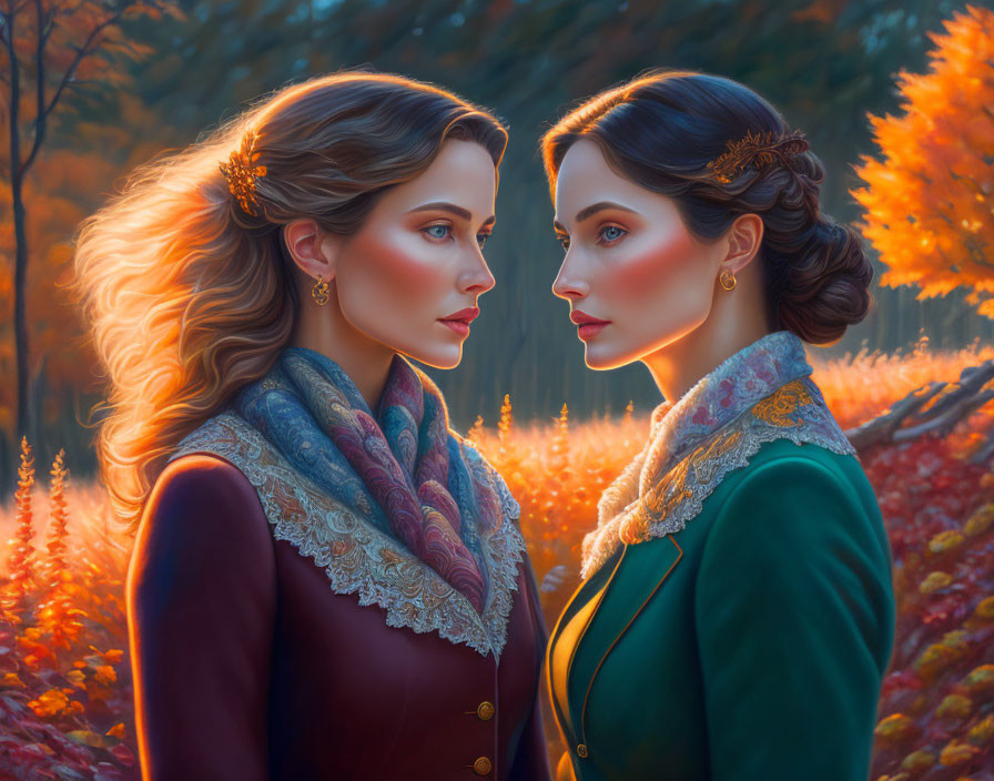 Women with intricate hairstyles in vibrant autumn forest meeting.