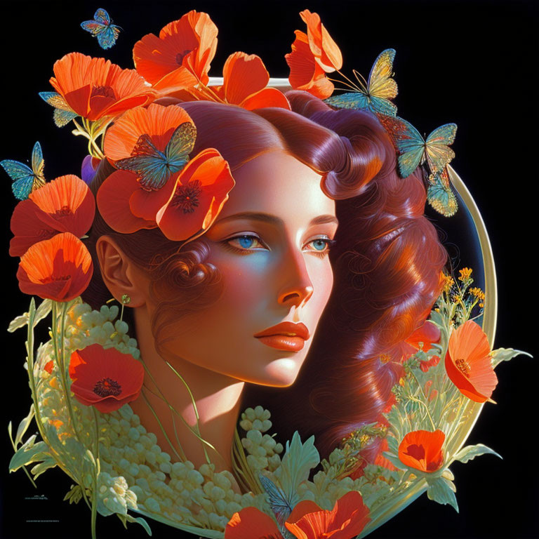 Woman with Red Hair Surrounded by Poppies and Butterflies in Dreamlike Setting