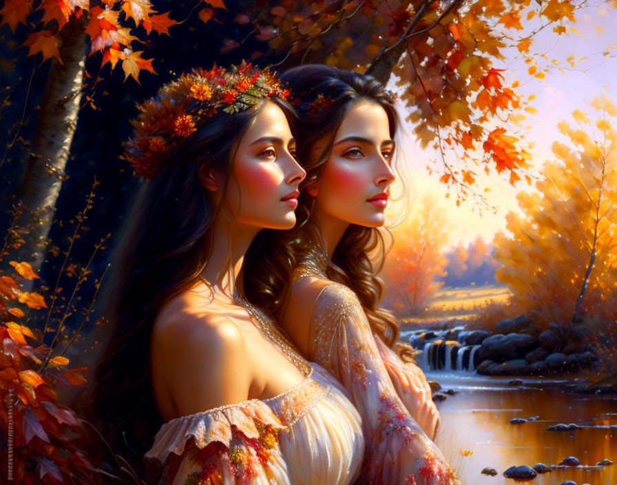 Two Women with Floral Crowns in Autumnal River Setting