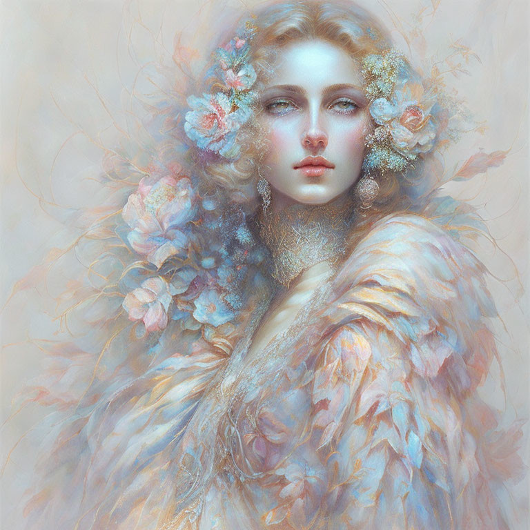 Ethereal woman portrait with pastel flowers and feathery textures