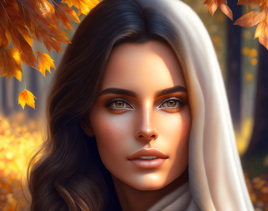 Digital artwork: Woman in white garment amid golden autumn leaves