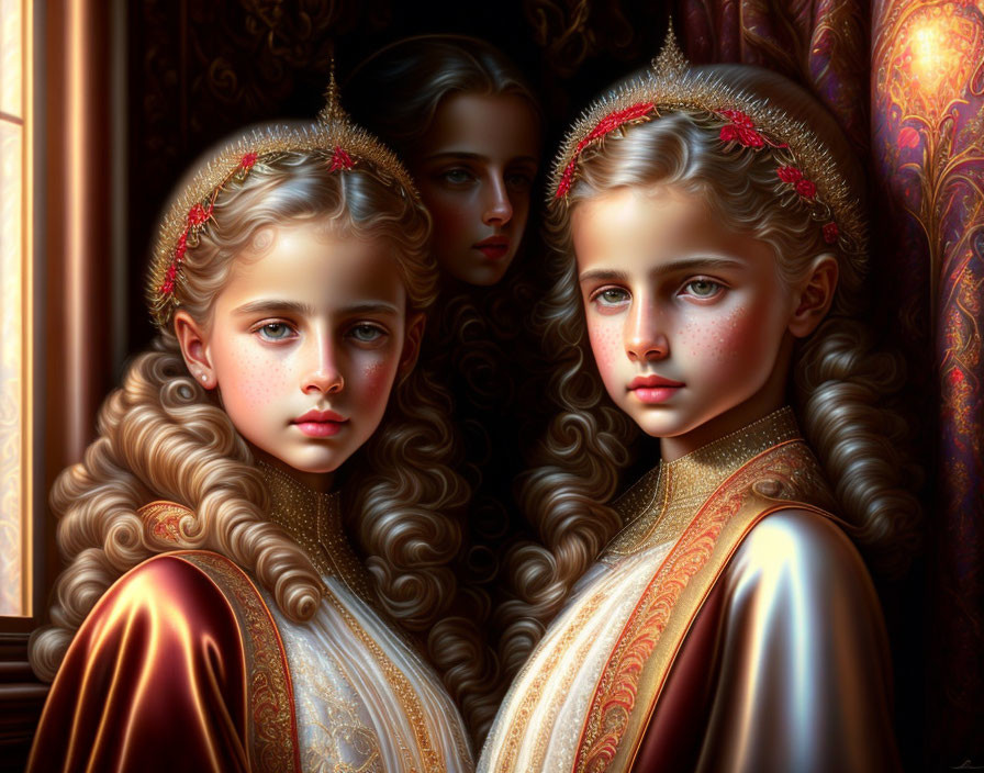 Elaborately dressed young girls with curly hair in regal attire in dimly lit interior