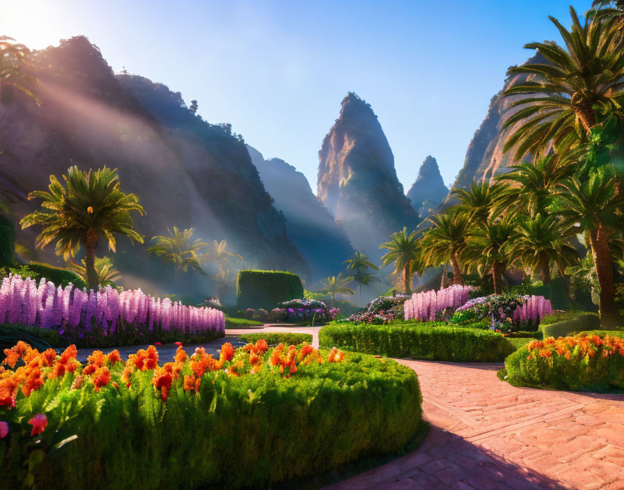 Scenic garden path with vibrant flowers and mountains