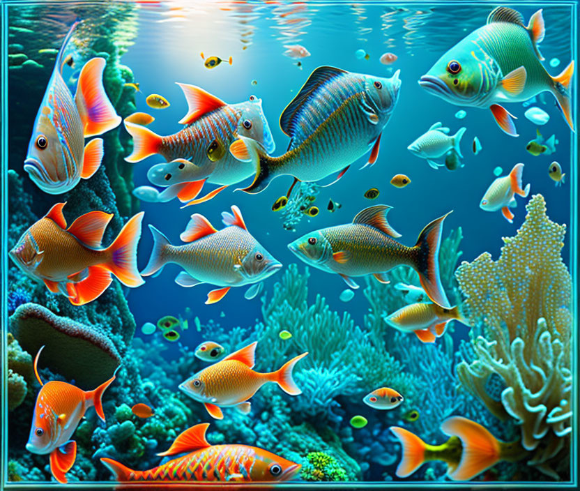 Vibrant underwater scene with colorful tropical fish and coral reefs