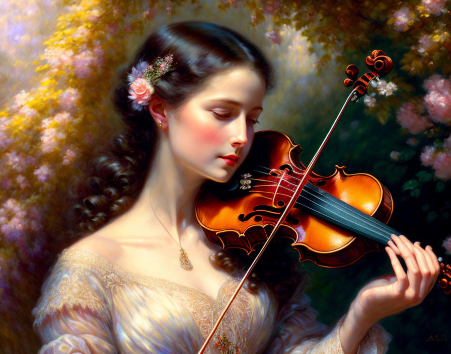 Woman with flowers in hair plays violin in front of soft-focus florals