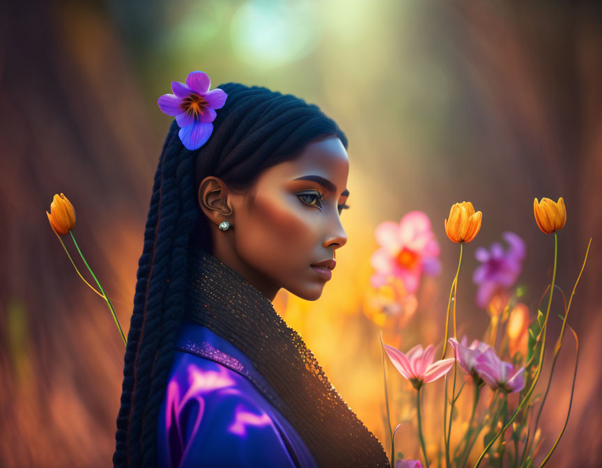 Woman with braided hair and flower in purple outfit surrounded by colorful flowers.