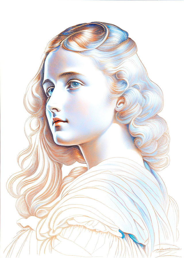 Detailed illustration of young woman with flowing curls and delicate profile in light blue and coral.