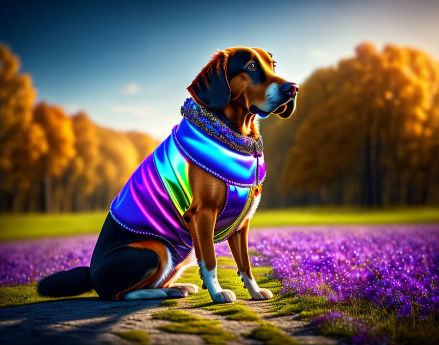 Dog in Vibrant Cloak on Path in Purple-Flowered Field at Sunset