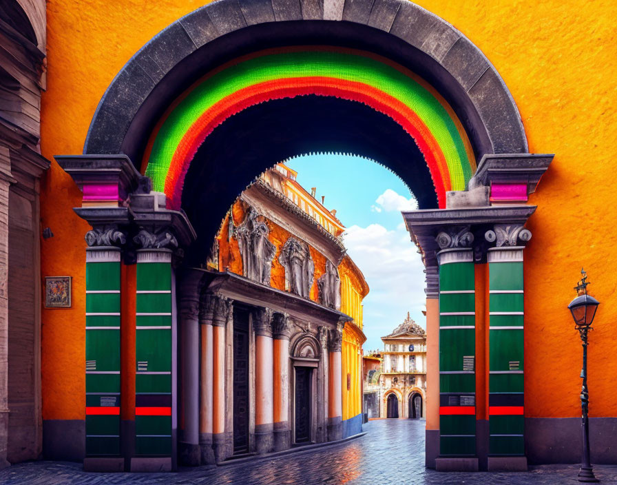 Vibrant archway framing historic building facade under blue sky