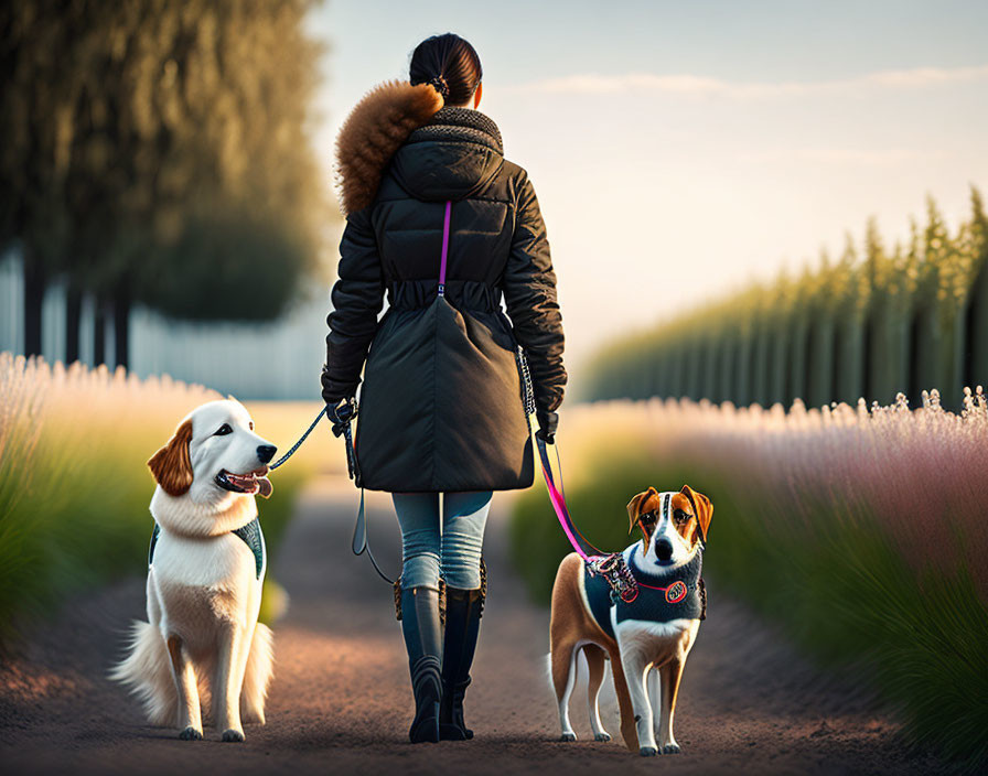 Woman Walking Two Dogs on Leads Through Flower Fields at Sunset