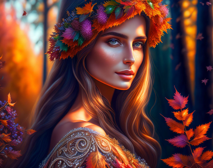 Woman with Autumn Leaves Crown in Forest Setting