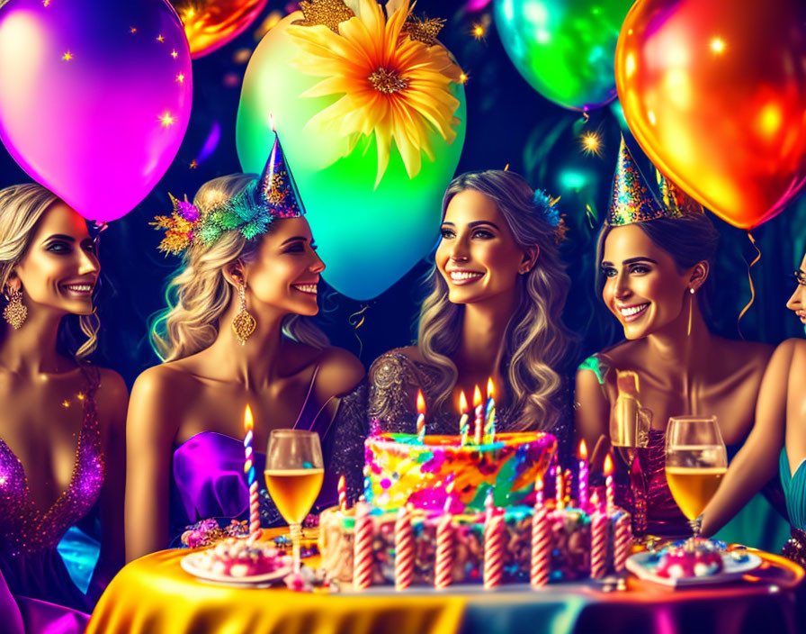 Colorful Birthday Party Scene with Women, Balloons, Cake, and Champagne