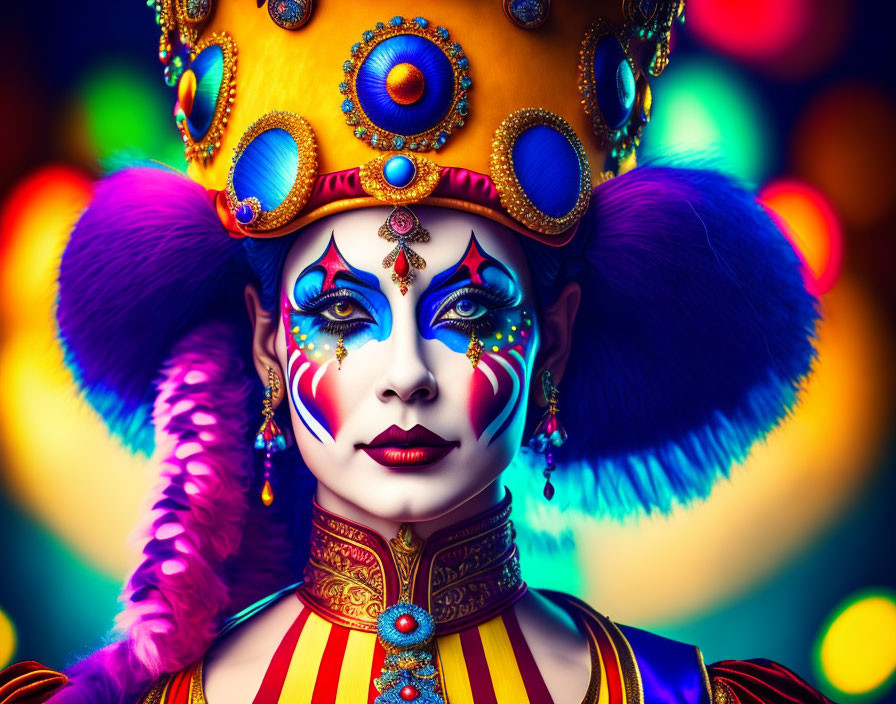 Colorful Carnival Costume with Majestic Headpiece and Vibrant Makeup