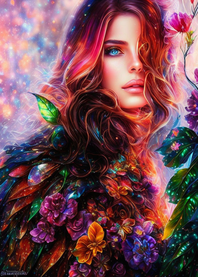 Colorful woman portrait with floral garment in cosmic setting