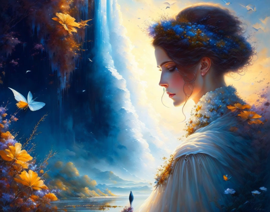 Fantasy portrait of a woman with flowers and butterflies near a glowing waterfall