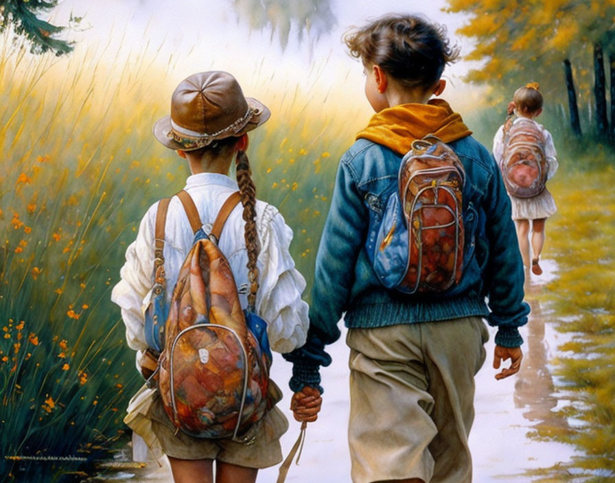 Two children with backpacks on path, one with braided hair, tall grass around.