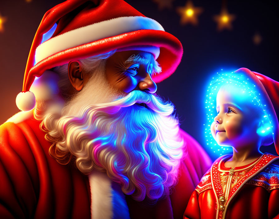 Santa Claus and child in festive star-lit scene with blue glow